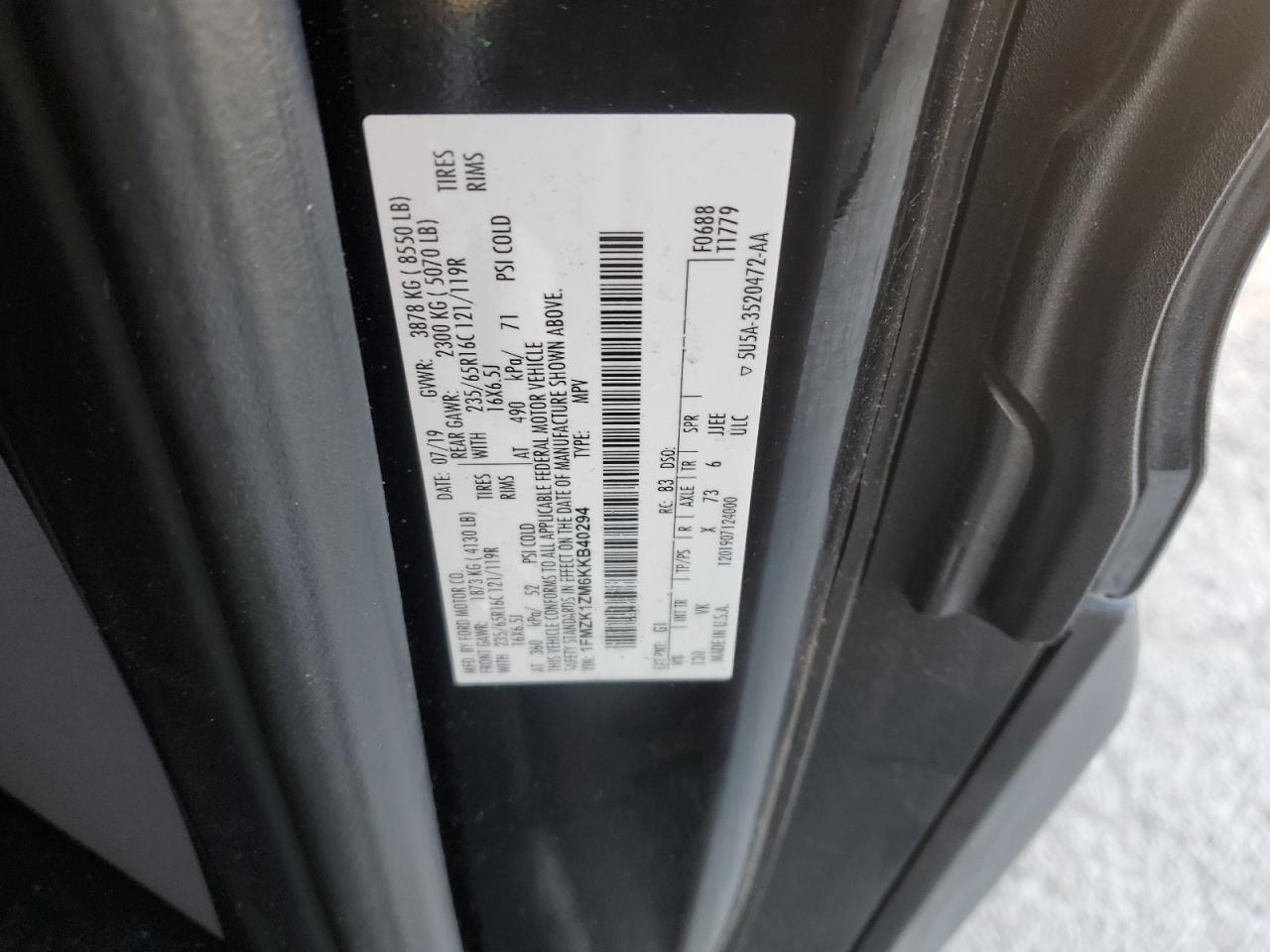 2019 Ford Transit T-150 VIN: 1FMZK1ZM6KKB40294 Lot: 90985955