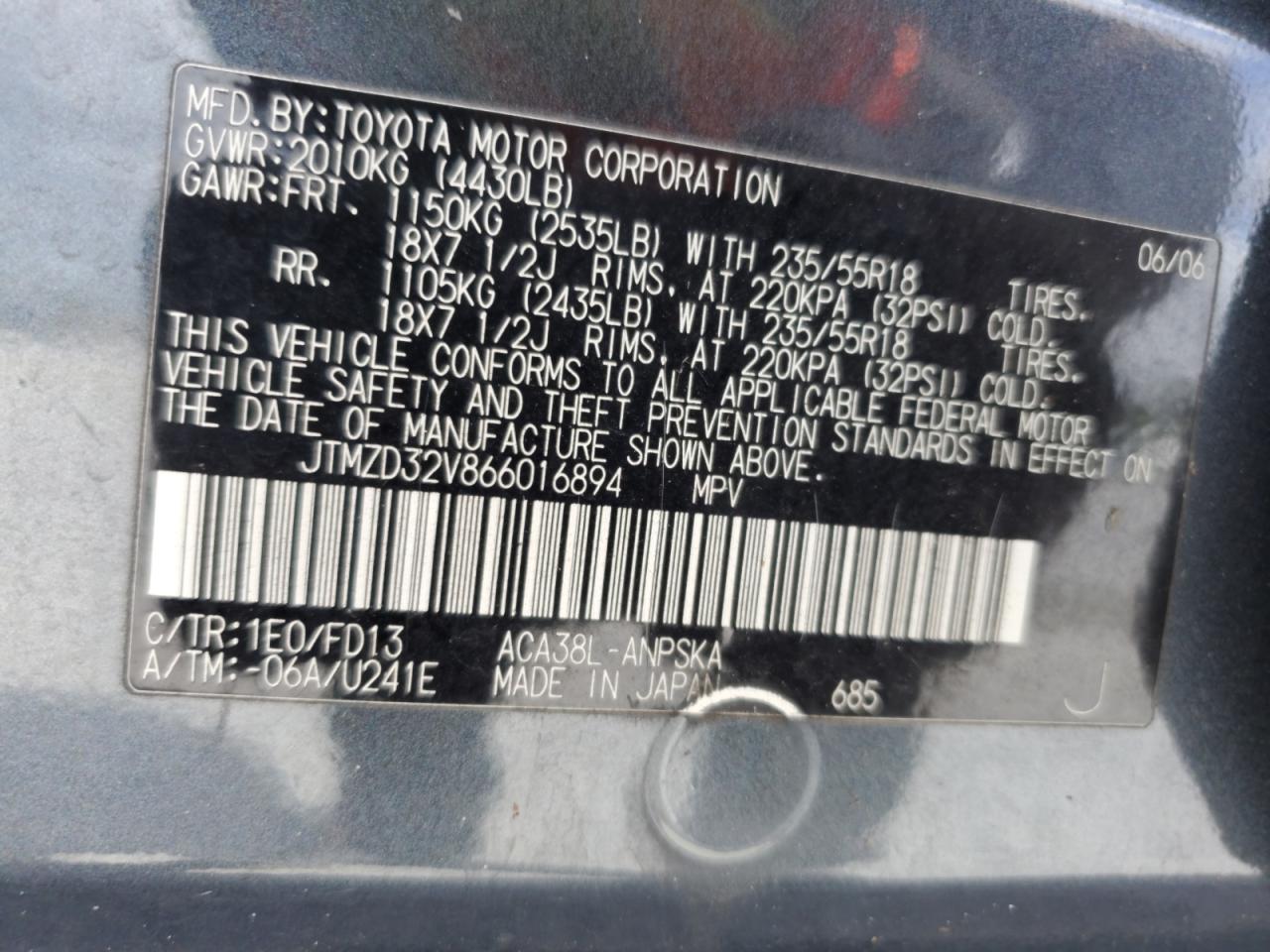 2006 Toyota Rav4 Sport VIN: JTMZD32V866016894 Lot: 82218025