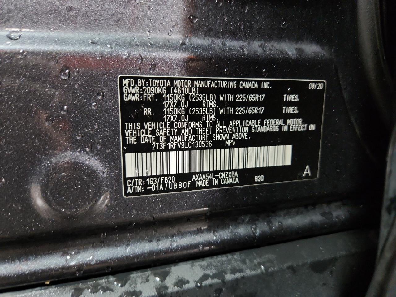 2020 Toyota Rav4 Le VIN: 2T3F1RFV9LC130536 Lot: 84473065