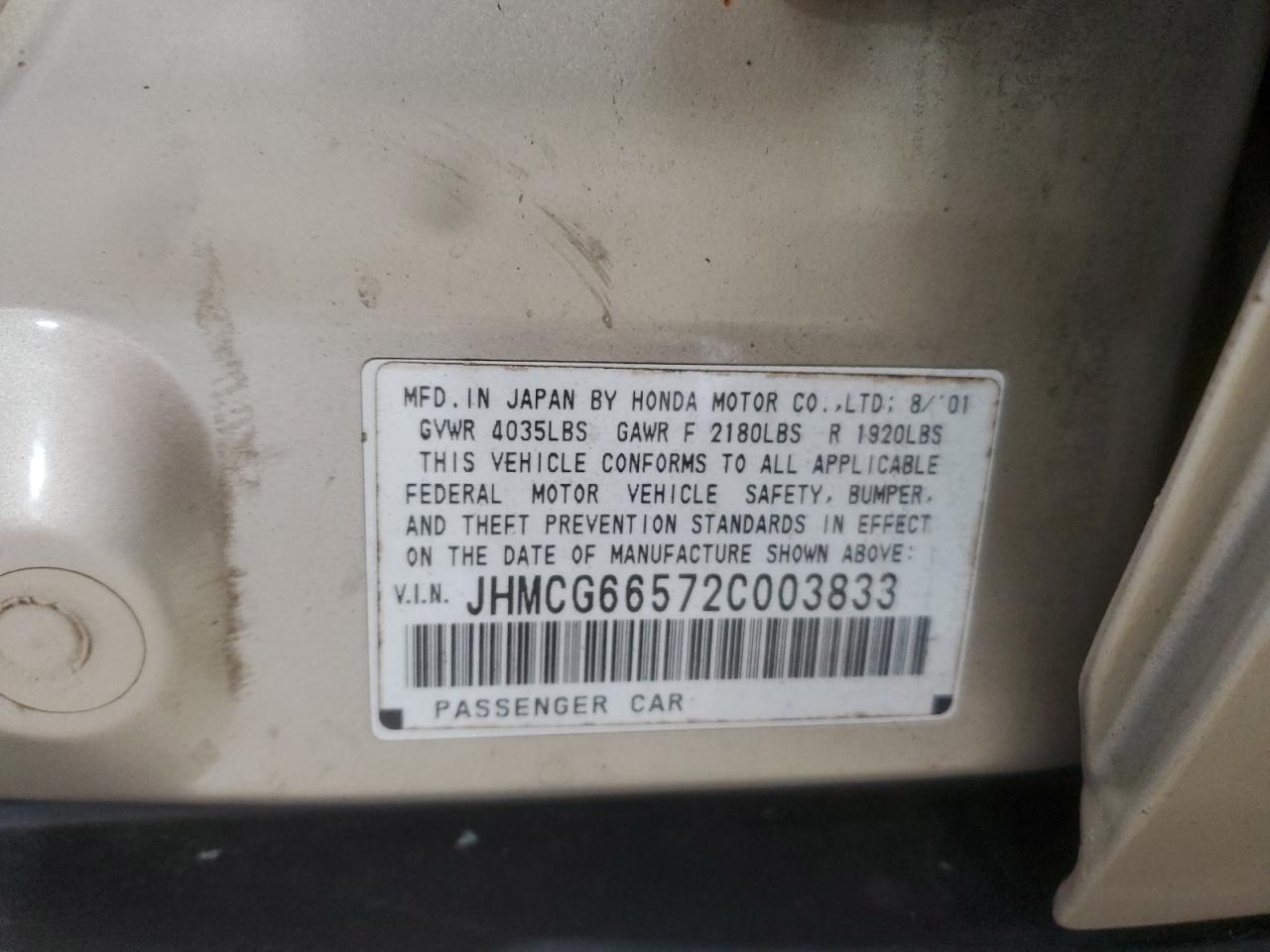 2002 Honda Accord Lx VIN: JHMCG66572C003833 Lot: 85338035