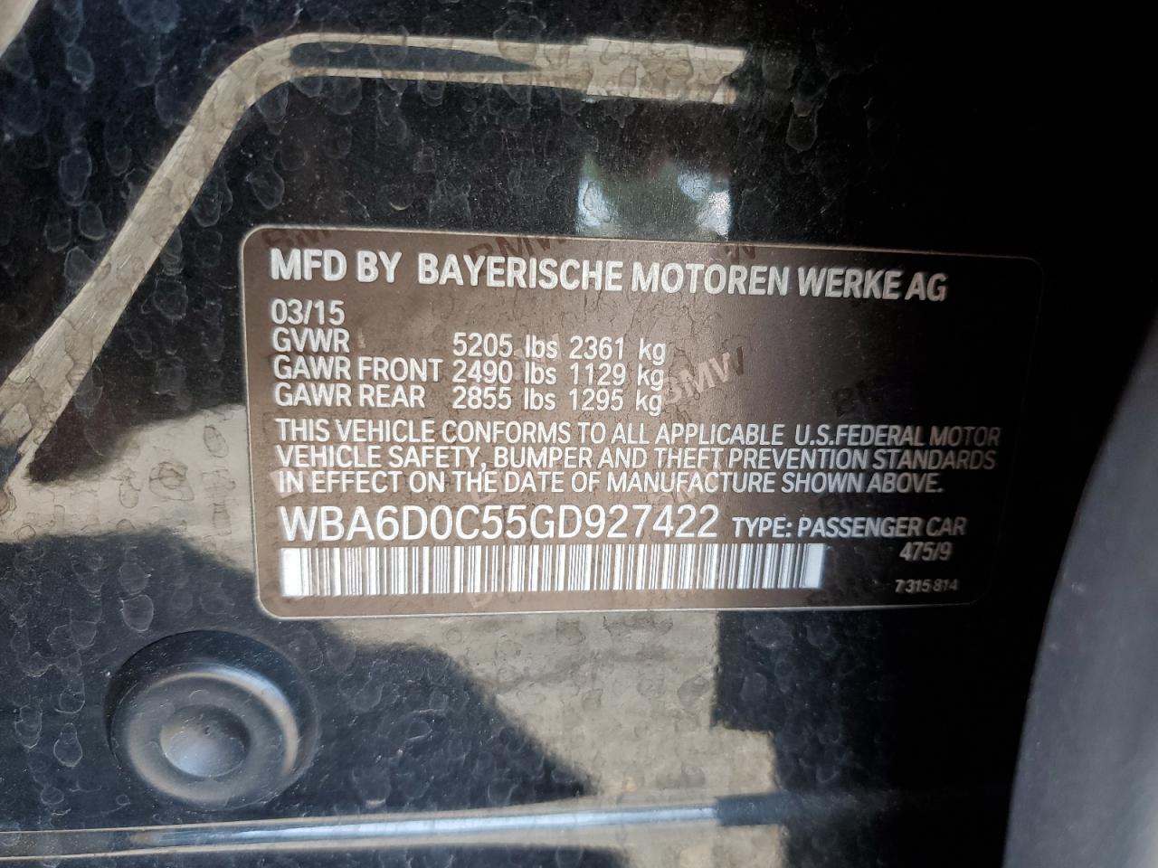 2016 BMW 640 I Gran Coupe VIN: WBA6D0C55GD927422 Lot: 82316165