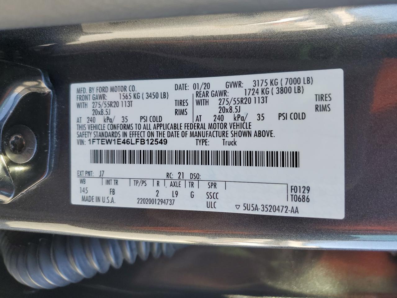 2020 Ford F150 Supercrew VIN: 1FTEW1E46LFB12549 Lot: 89860245