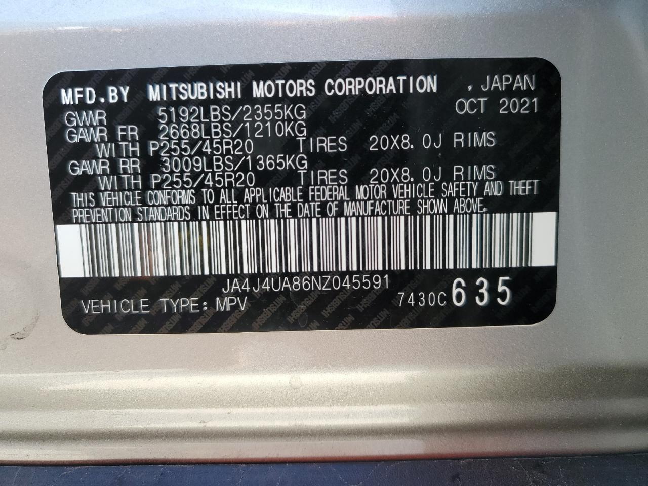 2022 Mitsubishi Outlander Se VIN: JA4J4UA86NZ045591 Lot: 90310585