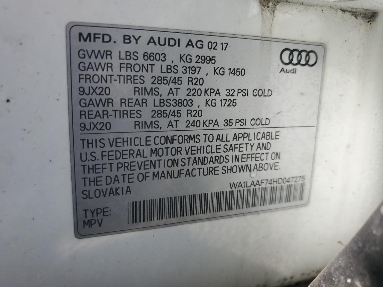 2017 Audi Q7 Premium Plus VIN: WA1LAAF74HD047275 Lot: 89517335