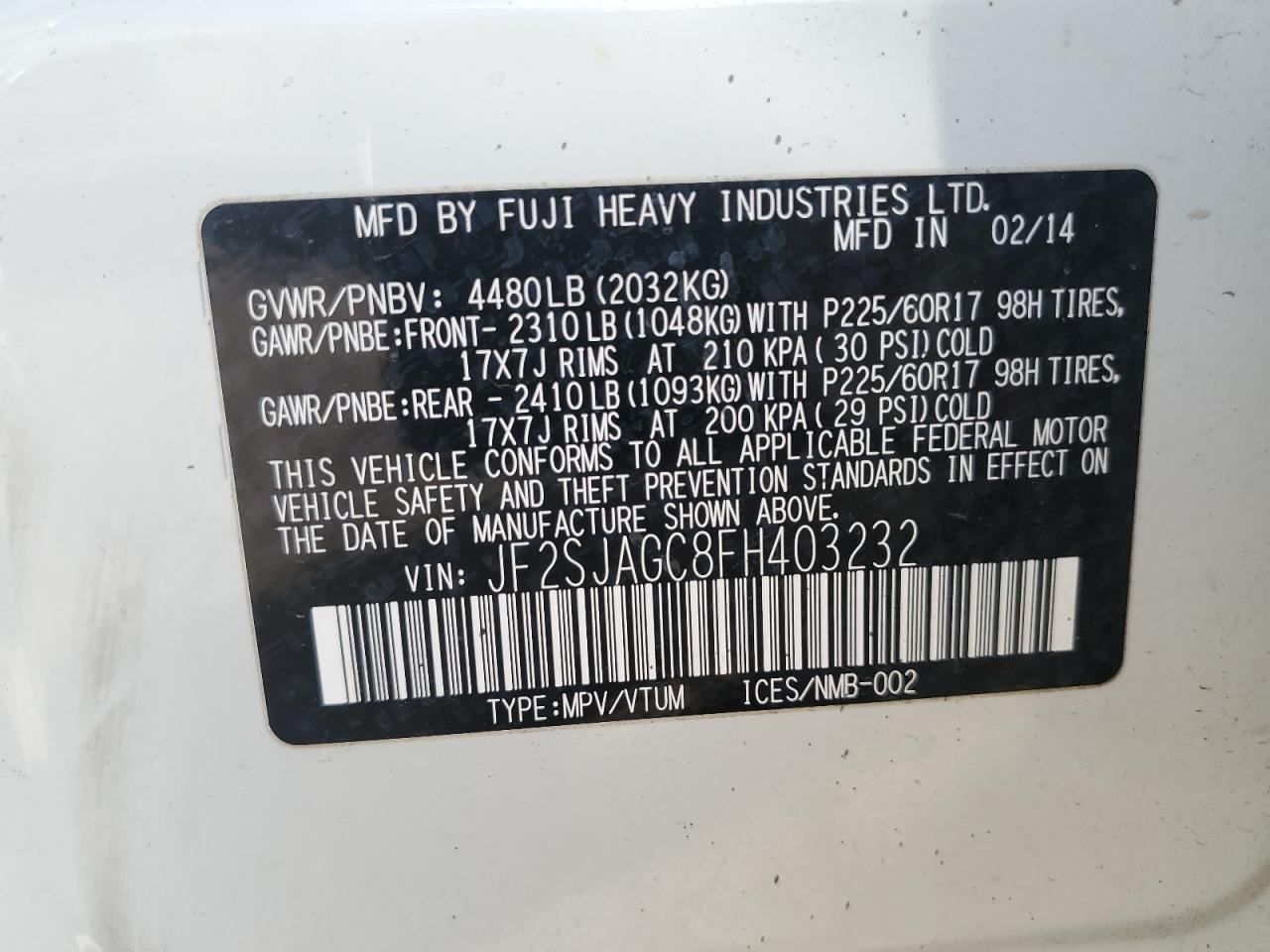 2015 Subaru Forester 2.5I Premium VIN: JF2SJAGC8FH403232 Lot: 84964105