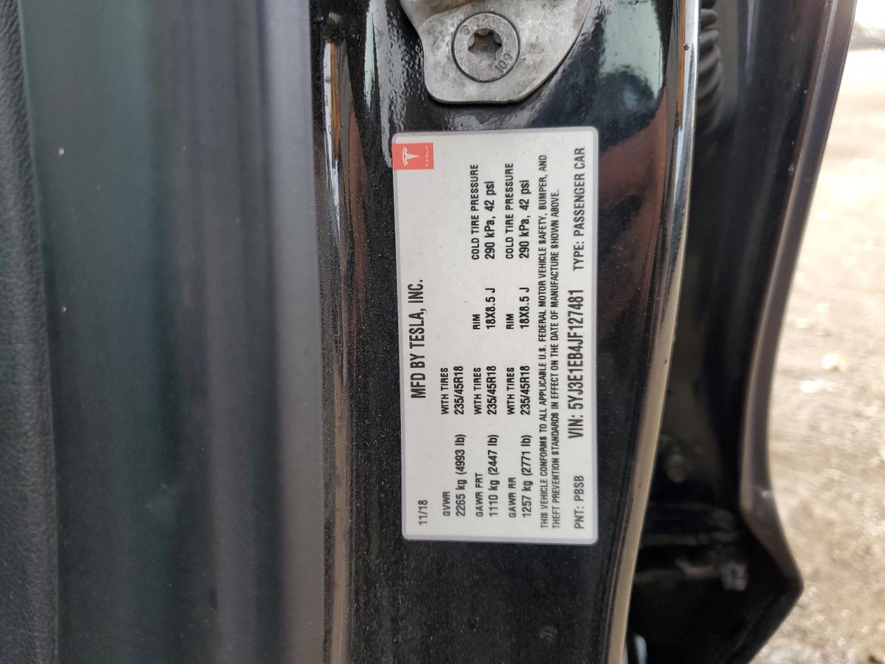 2018 Tesla Model 3 VIN: 5YJ3E1EB4JF127481 Lot: 87193885