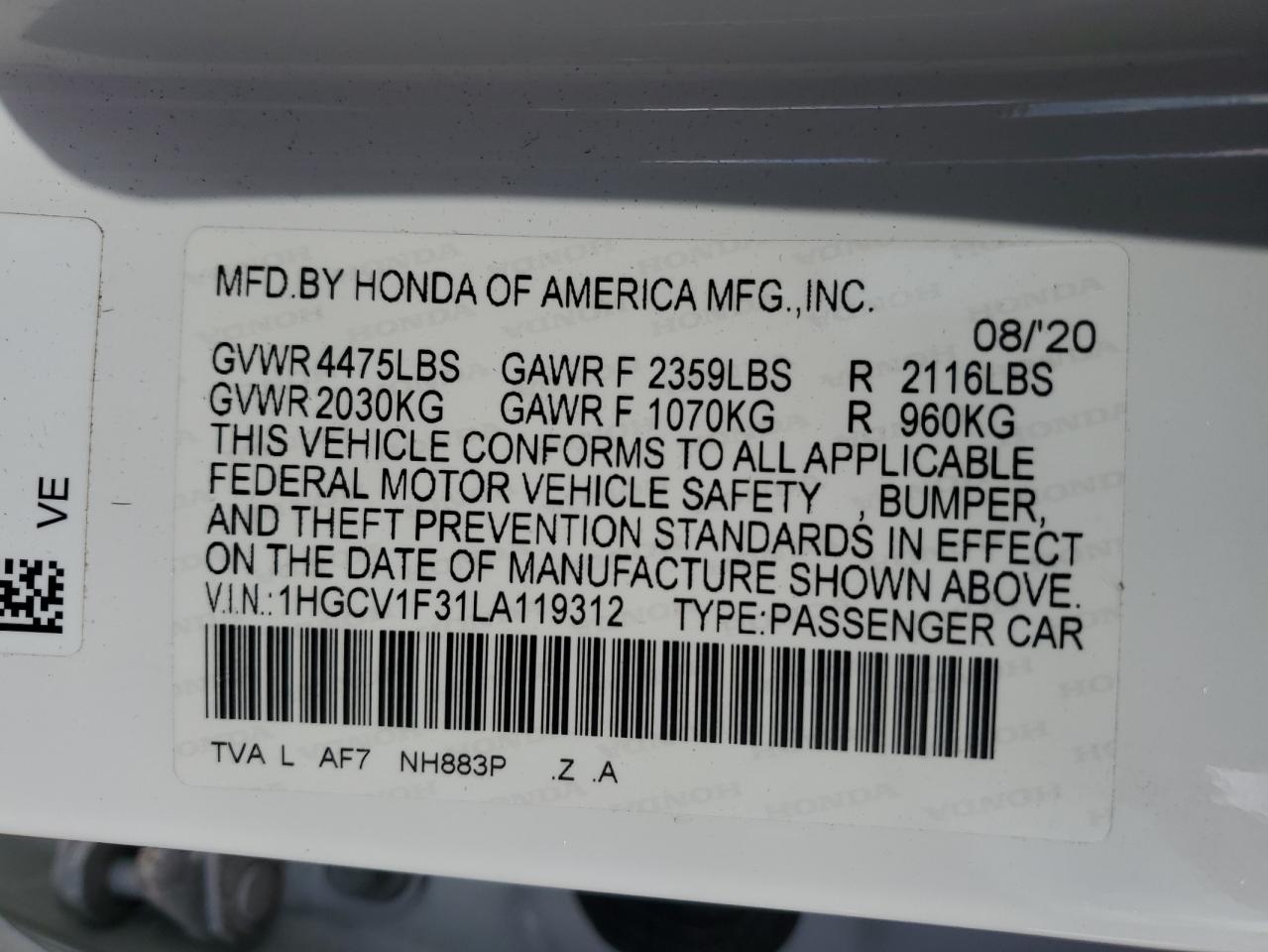 2020 Honda Accord Sport VIN: 1HGCV1F31LA119312 Lot: 85688715