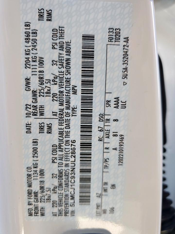 2022 Lincoln Corsair VIN: 5LMCJ1C93NUL28676 Lot: 85833355