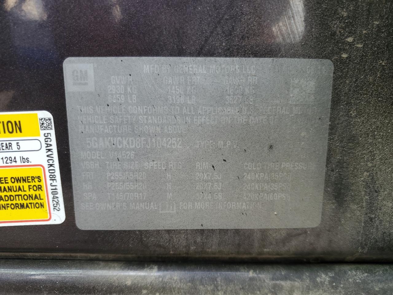 2015 Buick Enclave VIN: 5GAKVCKD8FJ104252 Lot: 82421545