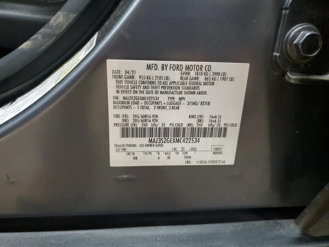 2021 Ford Ecosport Se VIN: MAJ3S2GEXMC422534 Lot: 82603515