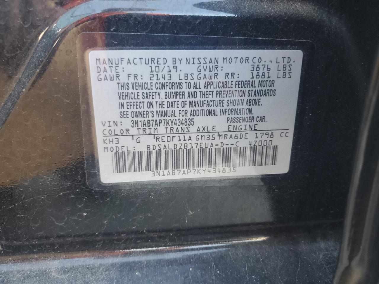 2019 Nissan Sentra S VIN: 3N1AB7AP7KY434835 Lot: 86465225