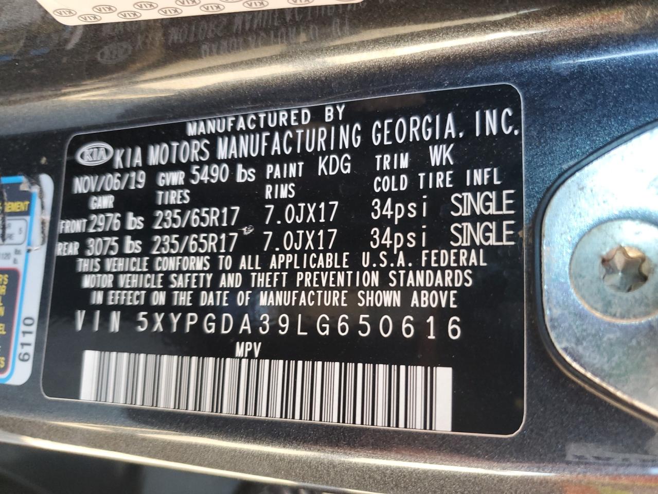 2020 Kia Sorento L VIN: 5XYPGDA39LG650616 Lot: 85760495