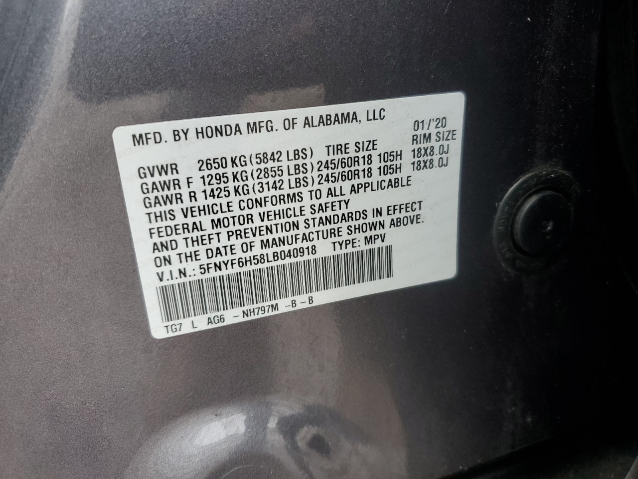 2020 Honda Pilot Exl VIN: 5FNYF6H58LB040918 Lot: 86100795