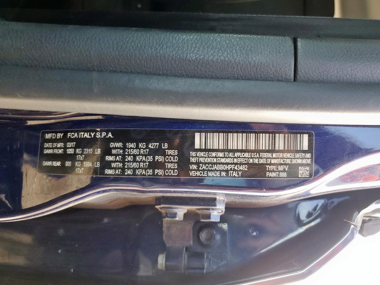 2017 Jeep Renegade Latitude VIN: ZACCJABB0HPF43482 Lot: 84913095