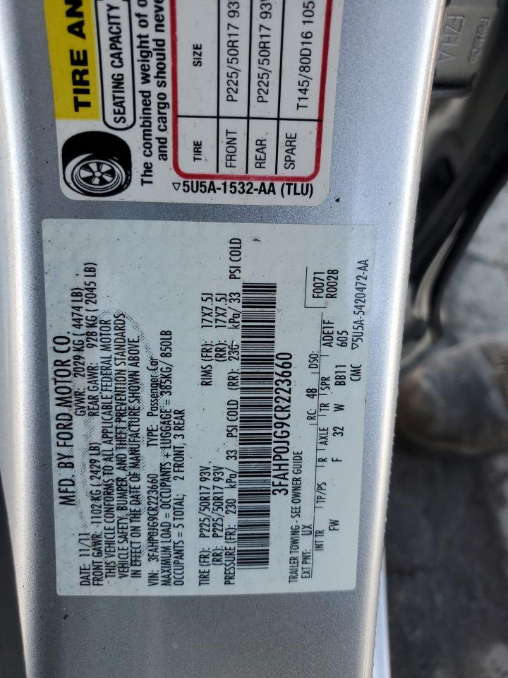 2012 Ford Fusion Sel VIN: 3FAHP0JG9CR223660 Lot: 85519465