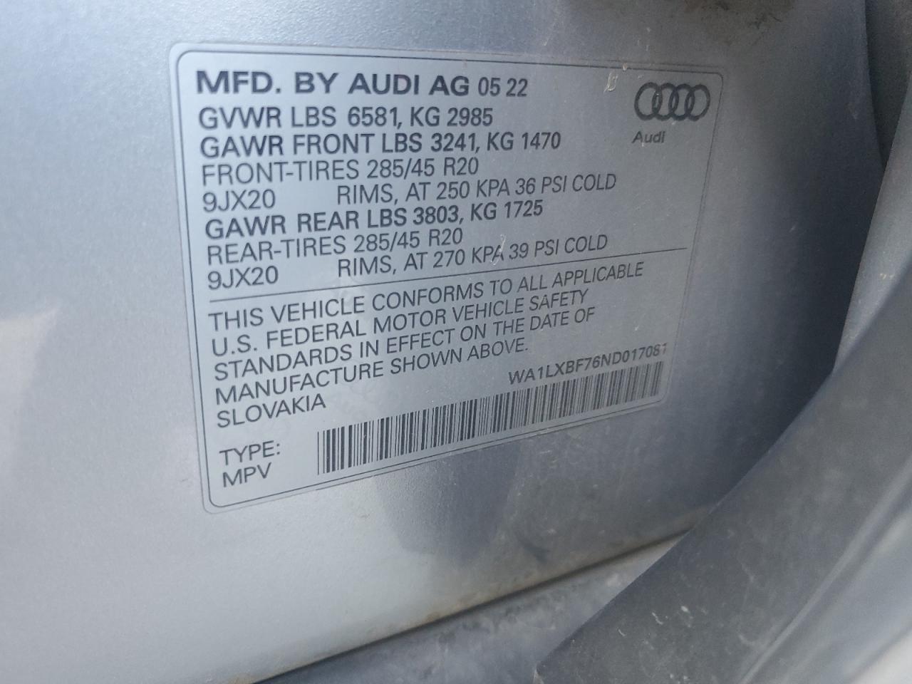 2022 Audi Q7 Premium Plus VIN: WA1LXBF76ND017081 Lot: 86338835