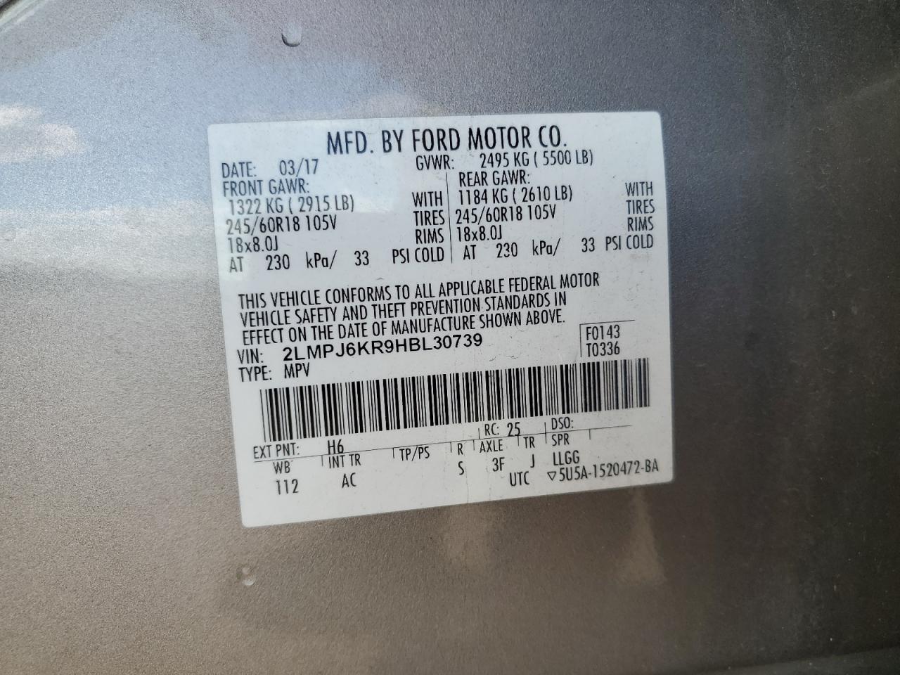 2017 Lincoln Mkx Select VIN: 2LMPJ6KR9HBL30739 Lot: 90082405