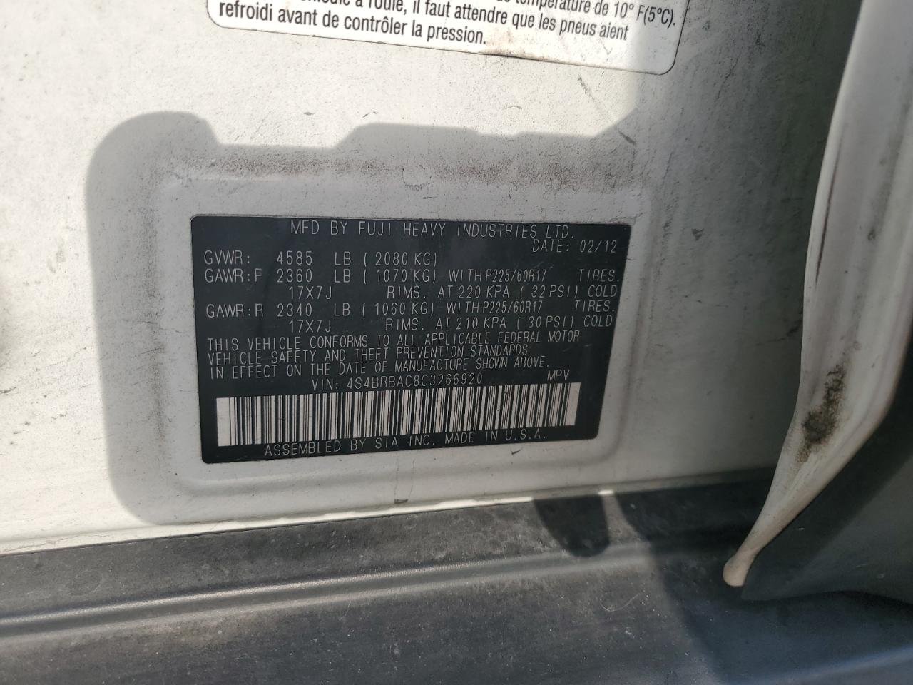 2012 Subaru Outback 2.5I VIN: 4S4BRBAC8C3266920 Lot: 84834795