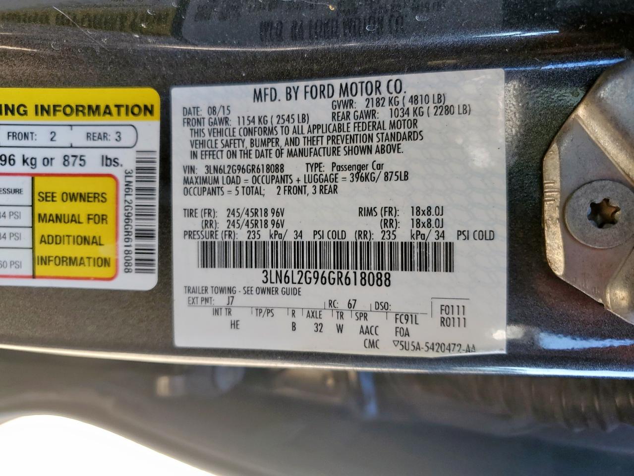 2016 Lincoln Mkz VIN: 3LN6L2G96GR618088 Lot: 86087965