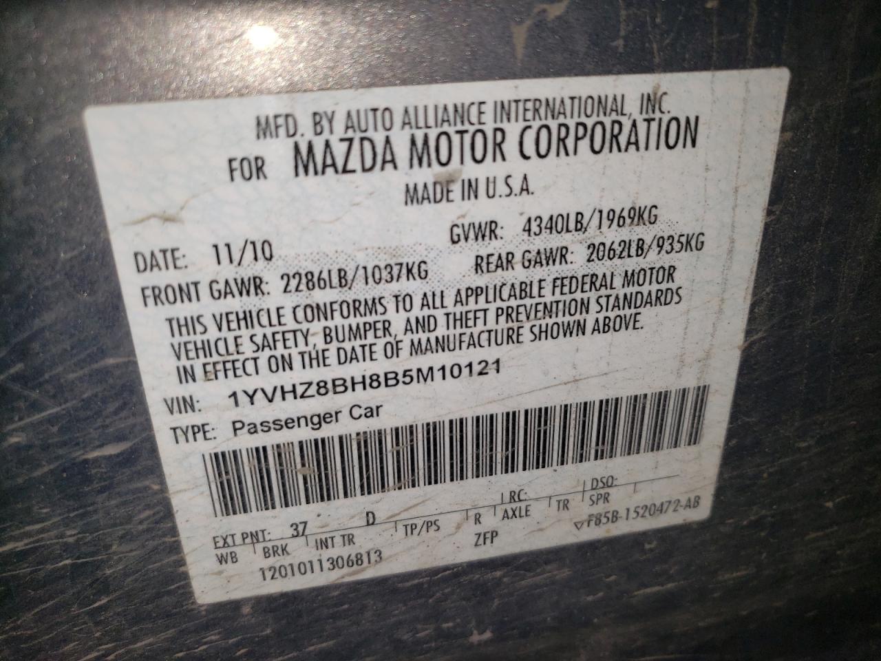 2011 Mazda 6 I VIN: 1YVHZ8BH8B5M10121 Lot: 87094885