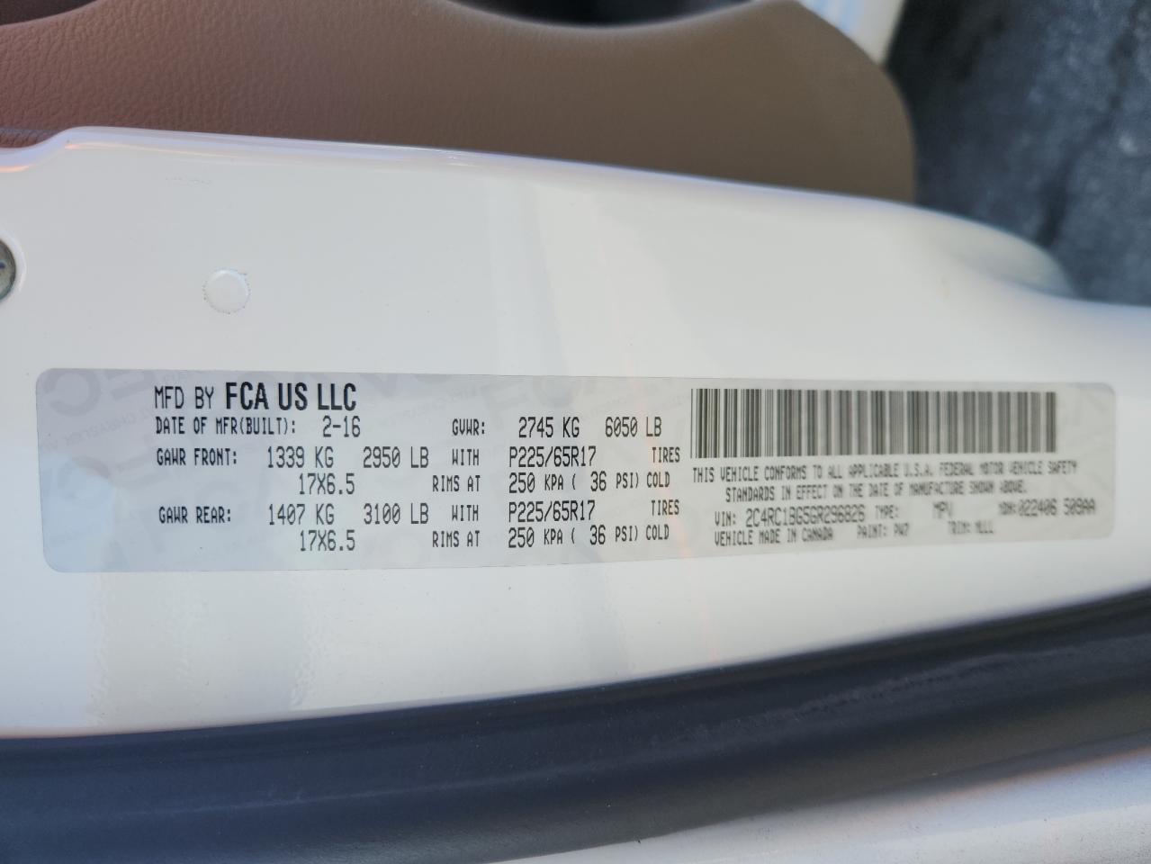 2016 Chrysler Town & Country Touring VIN: 2C4RC1BG5GR296826 Lot: 89700465