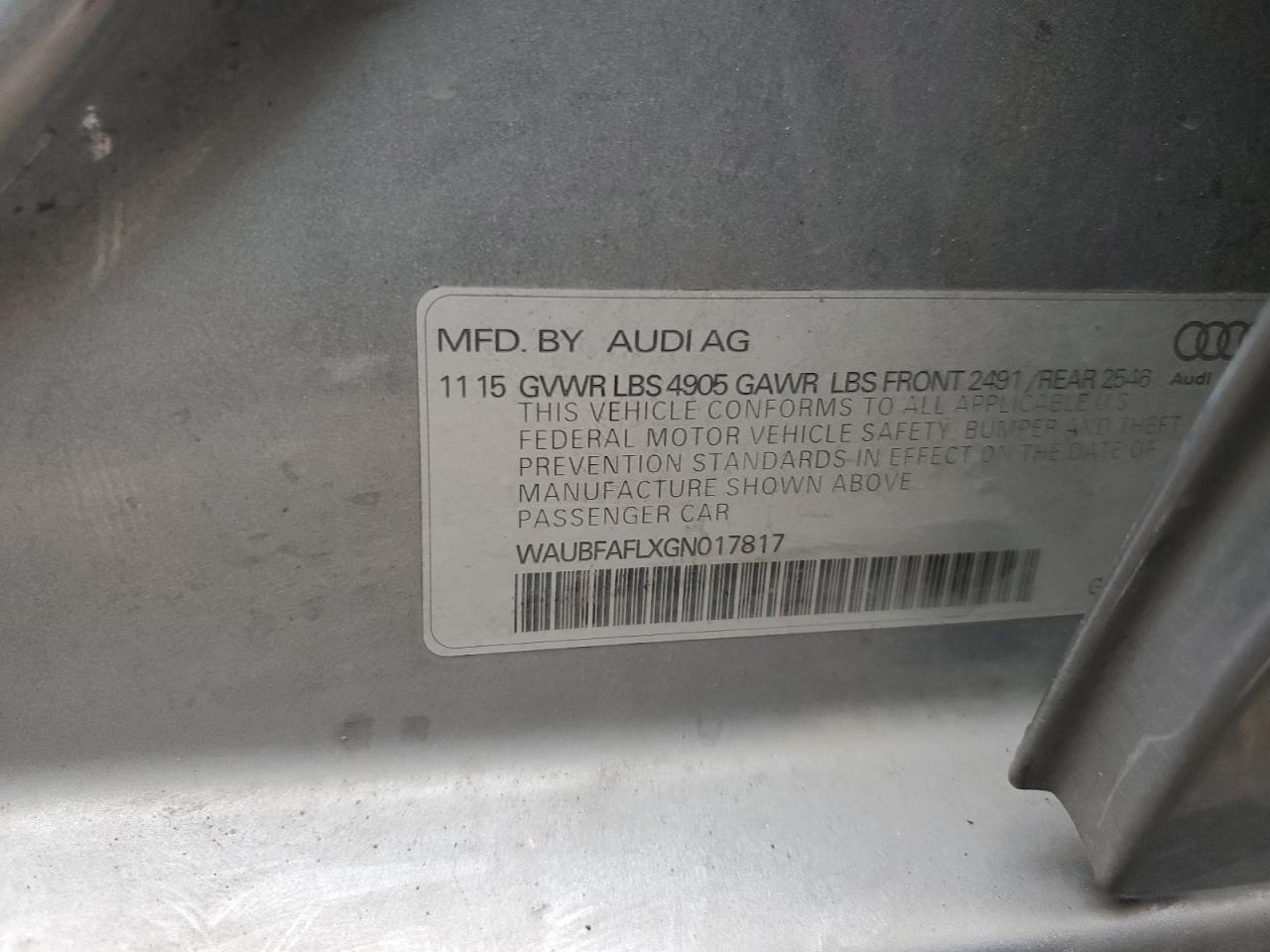 2016 Audi A4 Premium S-Line VIN: WAUBFAFLXGN017817 Lot: 85382465