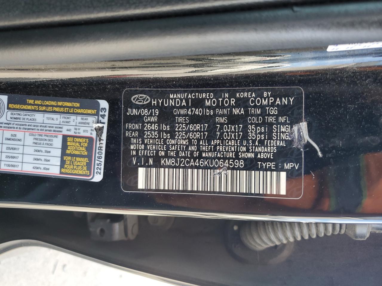 2019 Hyundai Tucson Se VIN: KM8J2CA46KU064598 Lot: 85105665