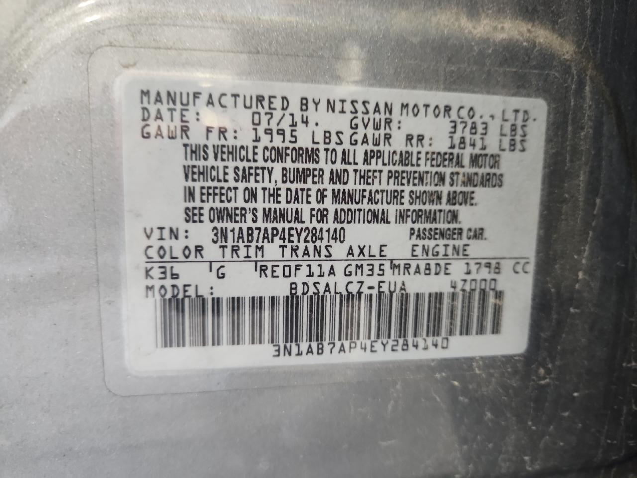 2014 Nissan Sentra S VIN: 3N1AB7AP4EY284140 Lot: 85345245