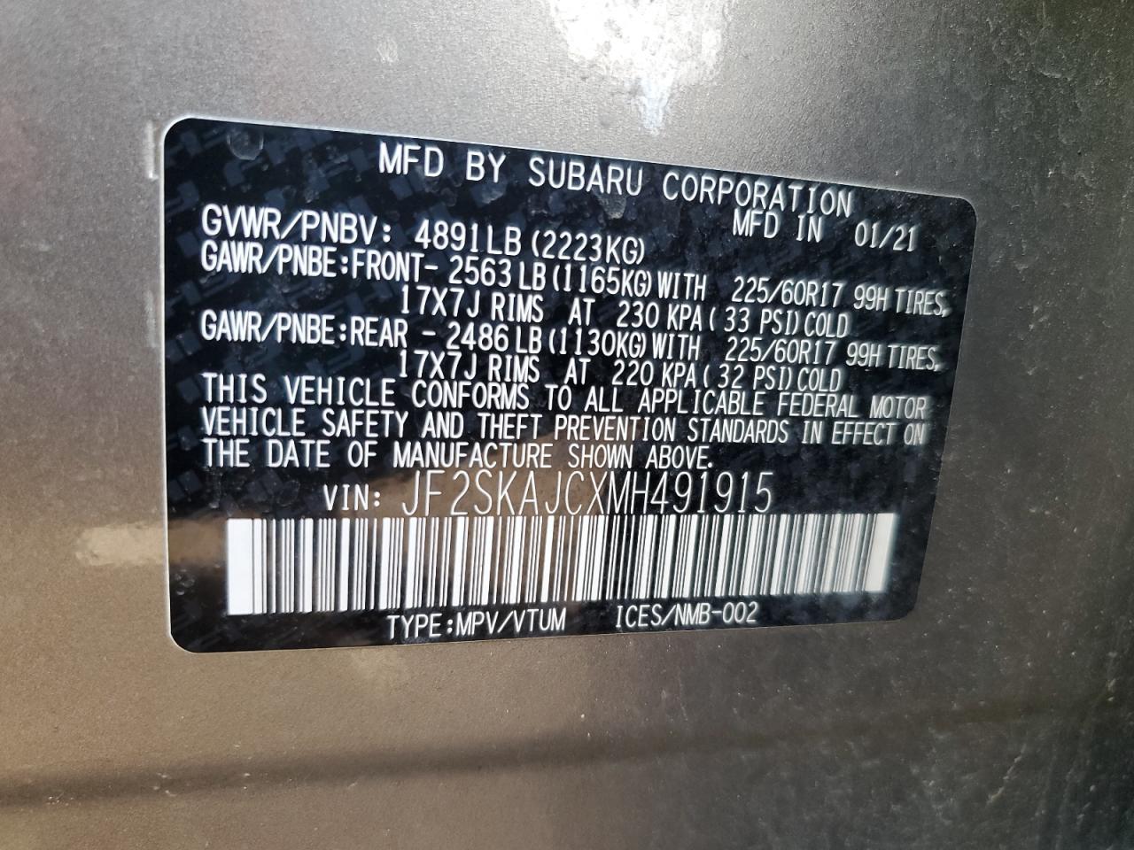 2021 Subaru Forester Premium VIN: JF2SKAJCXMH491915 Lot: 84996295