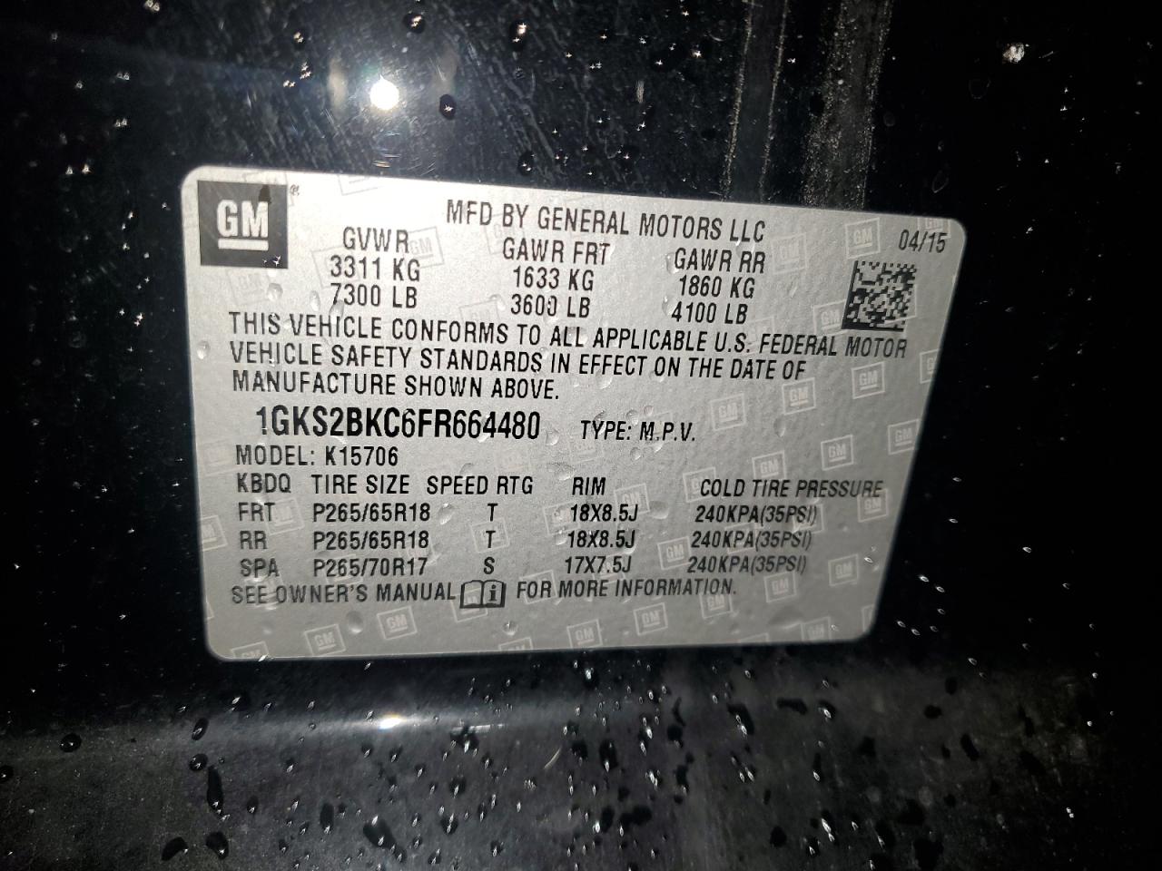 2015 GMC Yukon Slt VIN: 1GKS2BKC6FR664480 Lot: 86236775