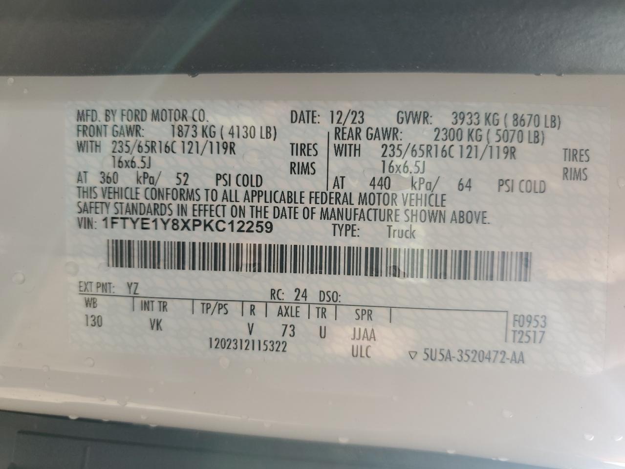 2023 Ford Transit T-150 VIN: 1FTYE1Y8XPKC12259 Lot: 85125295