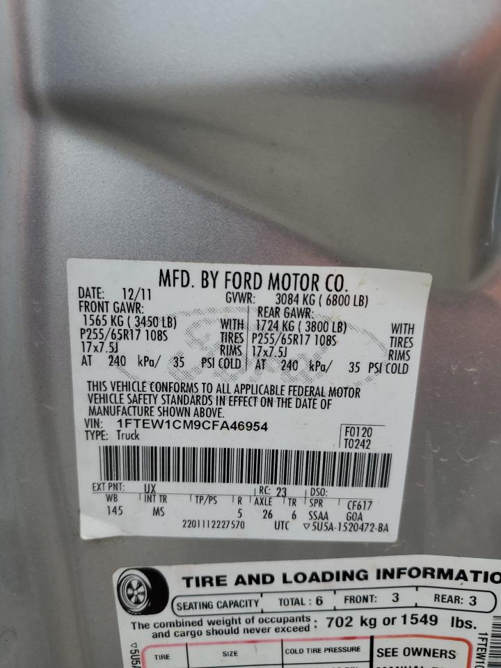 2012 Ford F150 Supercrew VIN: 1FTEW1CM9CFA46954 Lot: 85681125