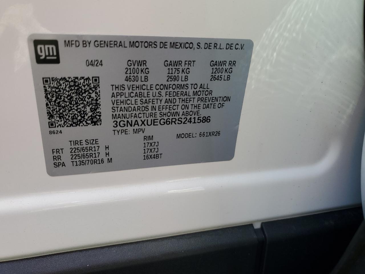 2024 Chevrolet Equinox Lt VIN: 3GNAXUEG6RS241586 Lot: 86074155