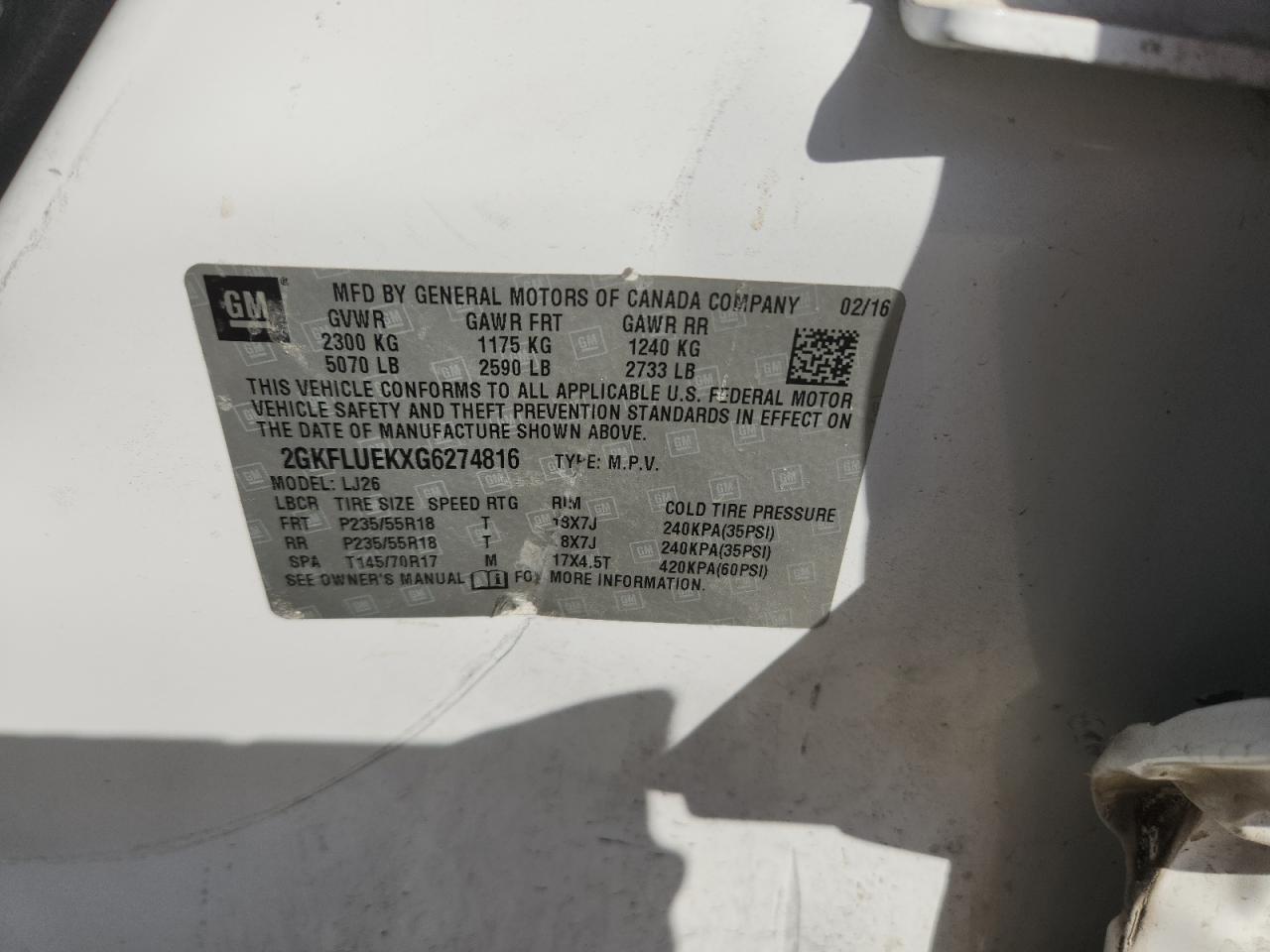 2016 GMC Terrain Slt VIN: 2GKFLUEKXG6274816 Lot: 87088735