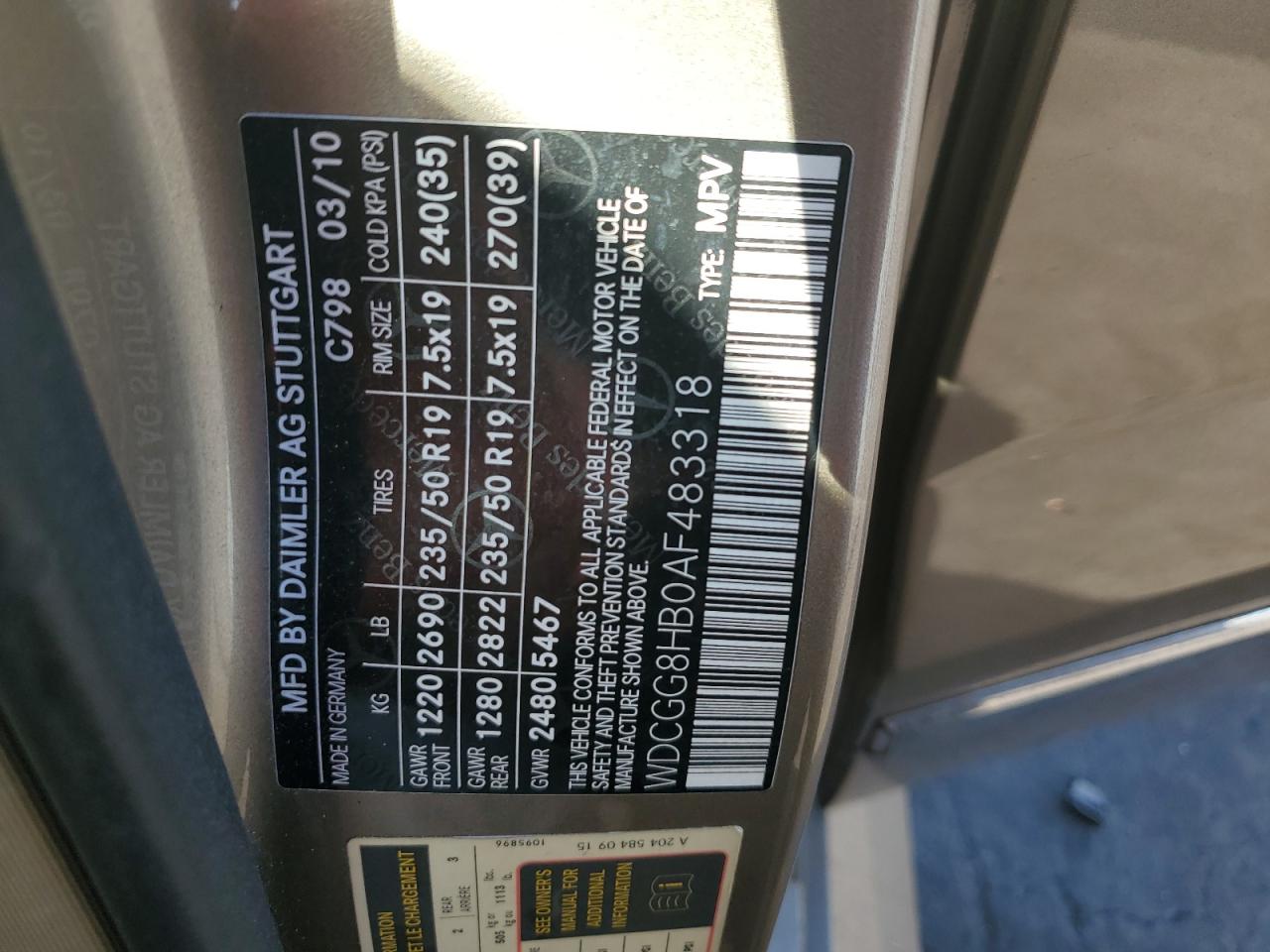 2010 Mercedes-Benz Glk 350 4Matic VIN: WDCGG8HB0AF483318 Lot: 81899595