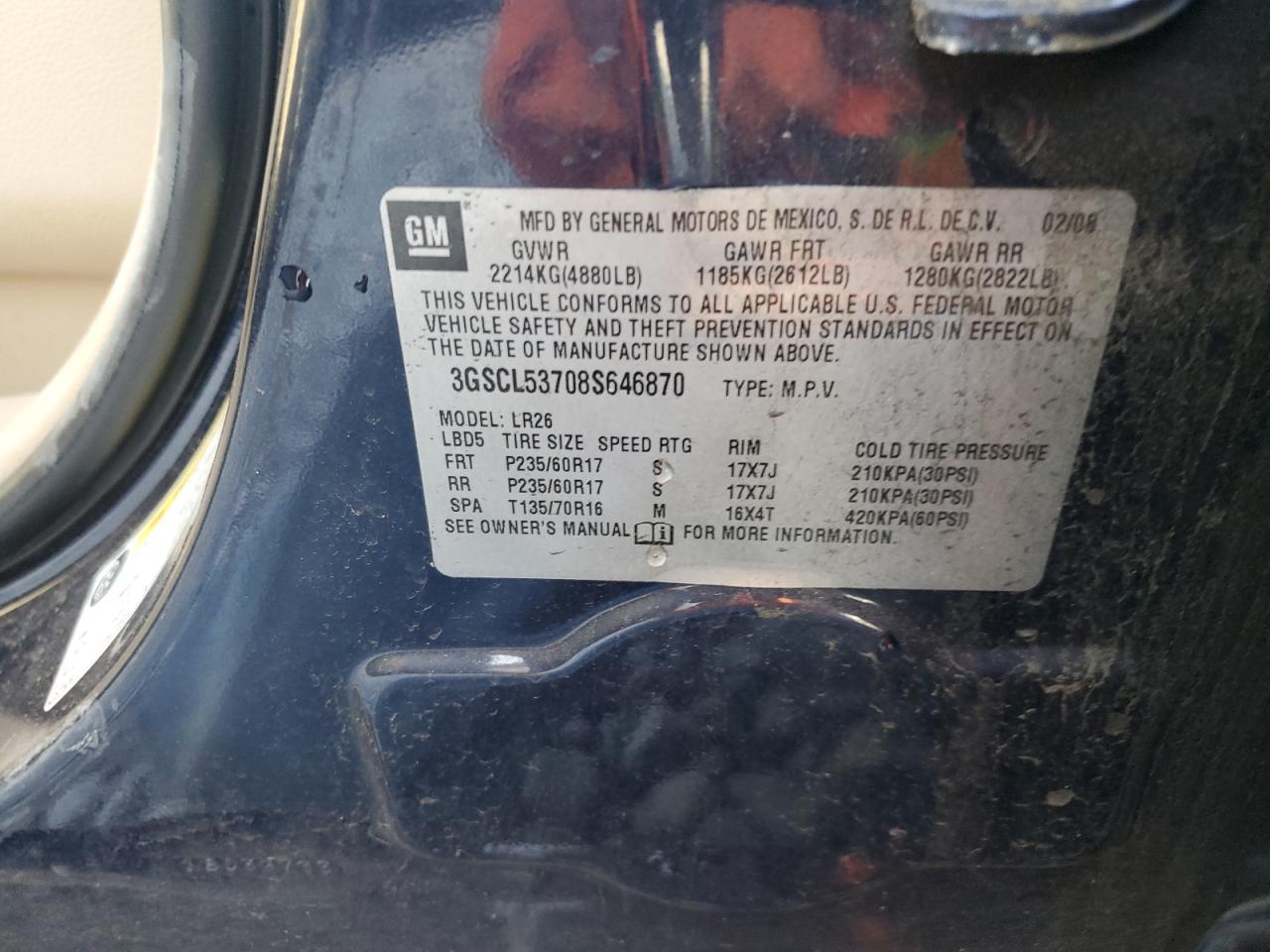 2008 Saturn Vue Xr VIN: 3GSCL53708S646870 Lot: 84948305