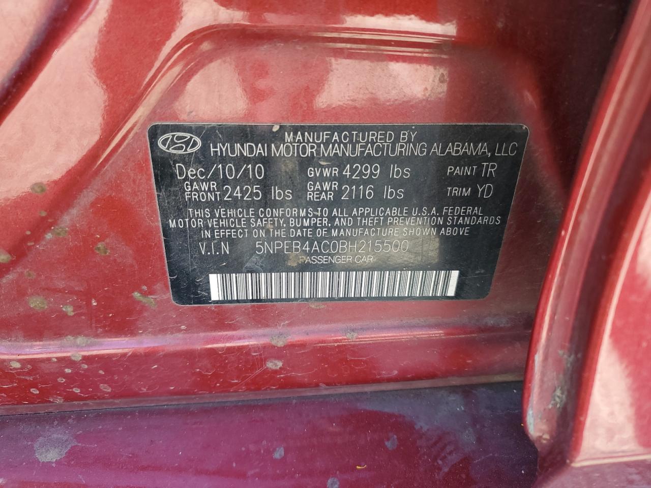 2011 Hyundai Sonata Gls VIN: 5NPEB4AC0BH215500 Lot: 82440855