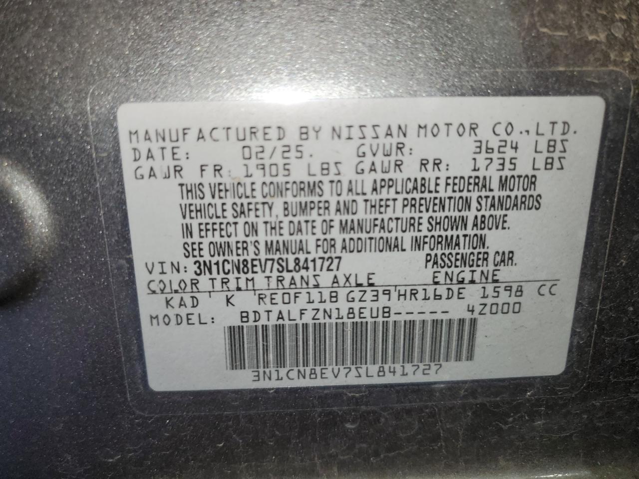 2025 Nissan Versa Sv VIN: 3N1CN8EV7SL841727 Lot: 85693445