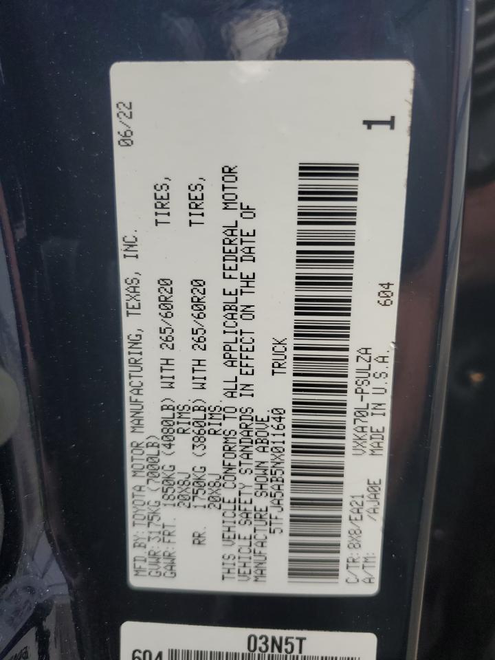 2022 Toyota Tundra Crewmax Limited VIN: 5TFJA5AB5NX011640 Lot: 85641995