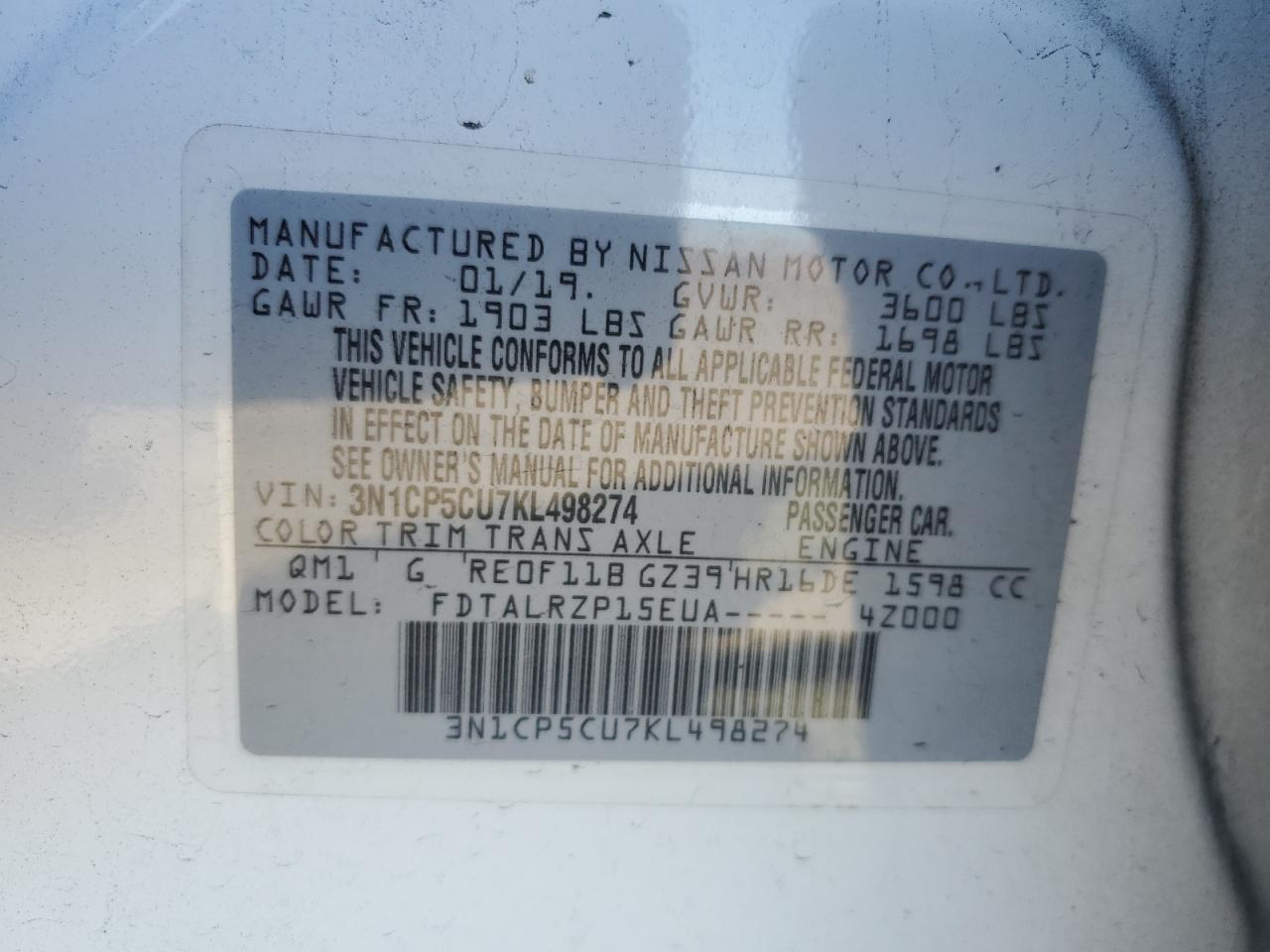 2019 Nissan Kicks S VIN: 3N1CP5CU7KL498274 Lot: 84637765