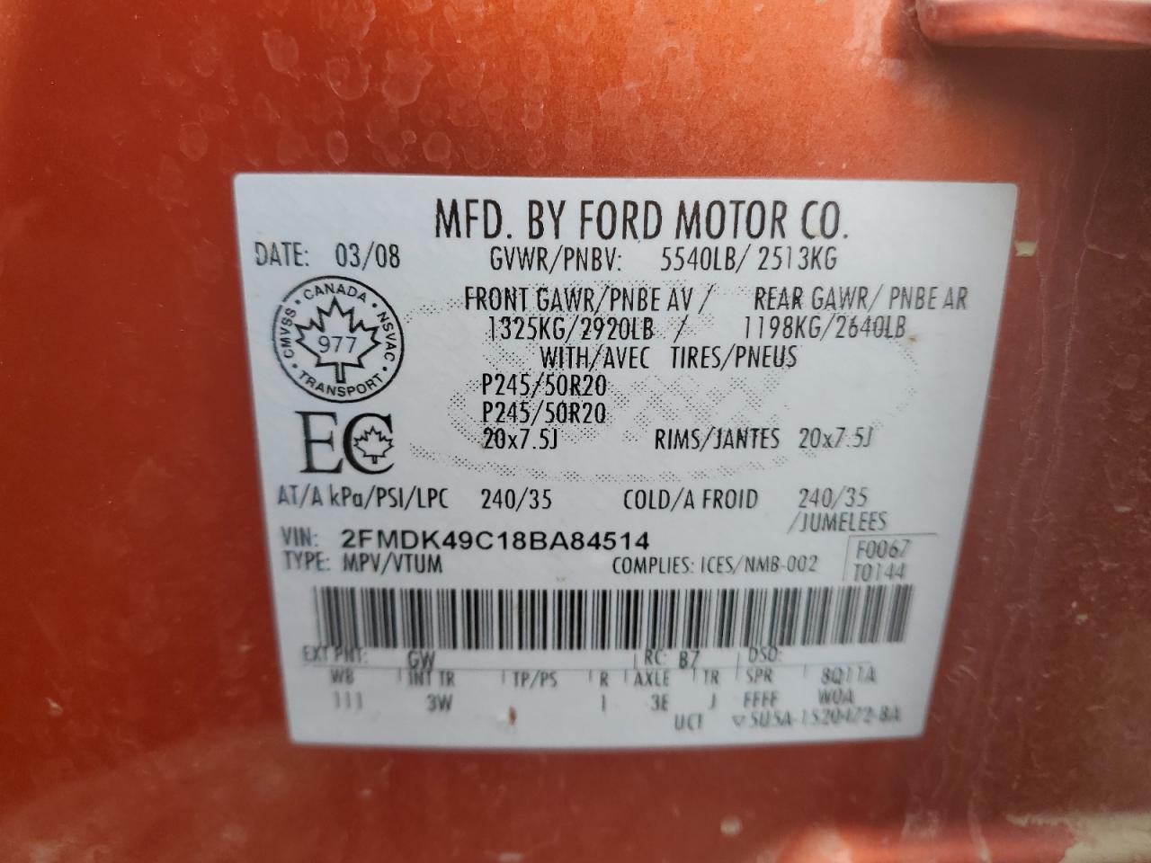 2008 Ford Edge Limited VIN: 2FMDK49C18BA84514 Lot: 86318065