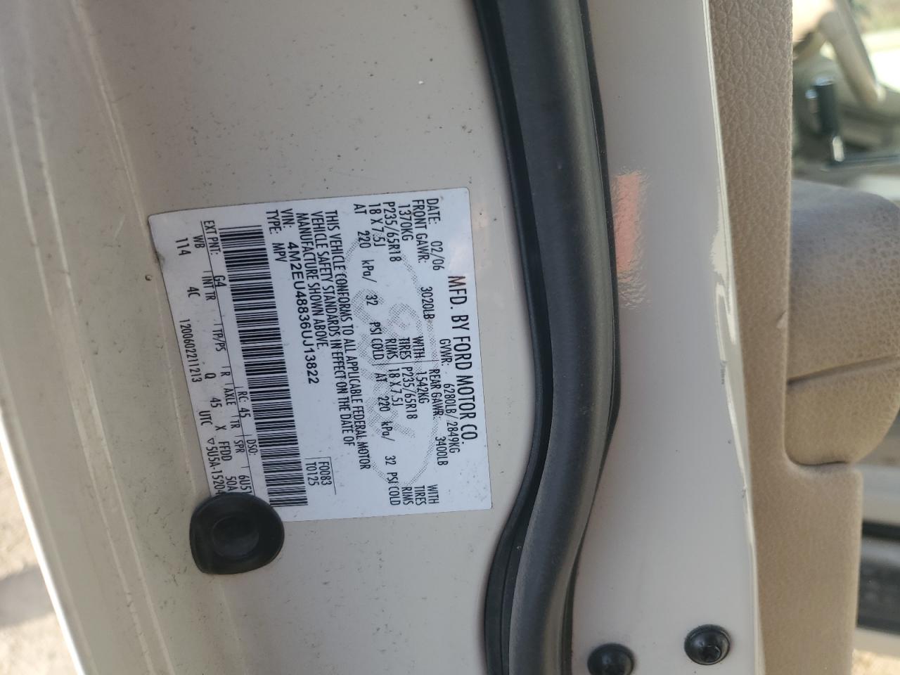 2006 Mercury Mountaineer Premier VIN: 4M2EU48836UJ13822 Lot: 85845105