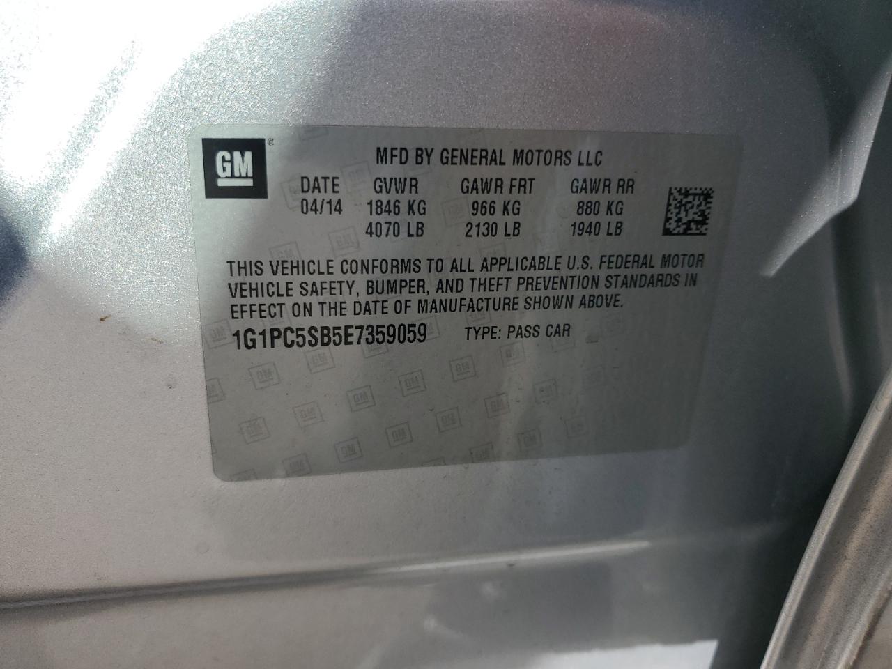 2014 Chevrolet Cruze Lt VIN: 1G1PC5SB5E7359059 Lot: 82290005