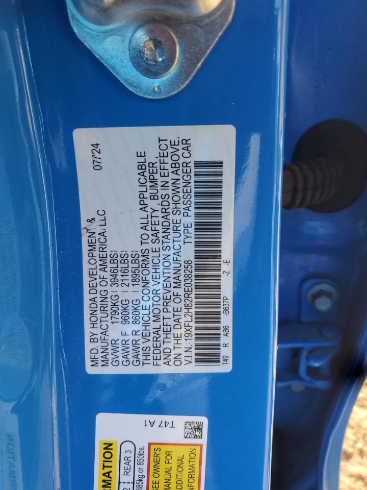 2024 Honda Civic Sport VIN: 19XFL2H82RE038258 Lot: 85723695