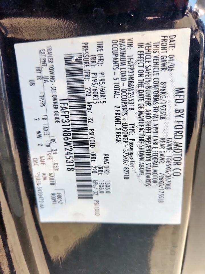 2006 Ford Focus Zx3 VIN: 1FAFP31N86W245318 Lot: 82387455