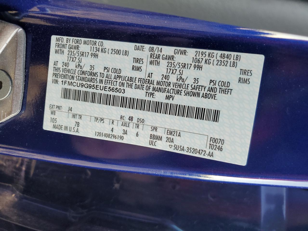 2014 Ford Escape Se VIN: 1FMCU9G95EUE56503 Lot: 82364555