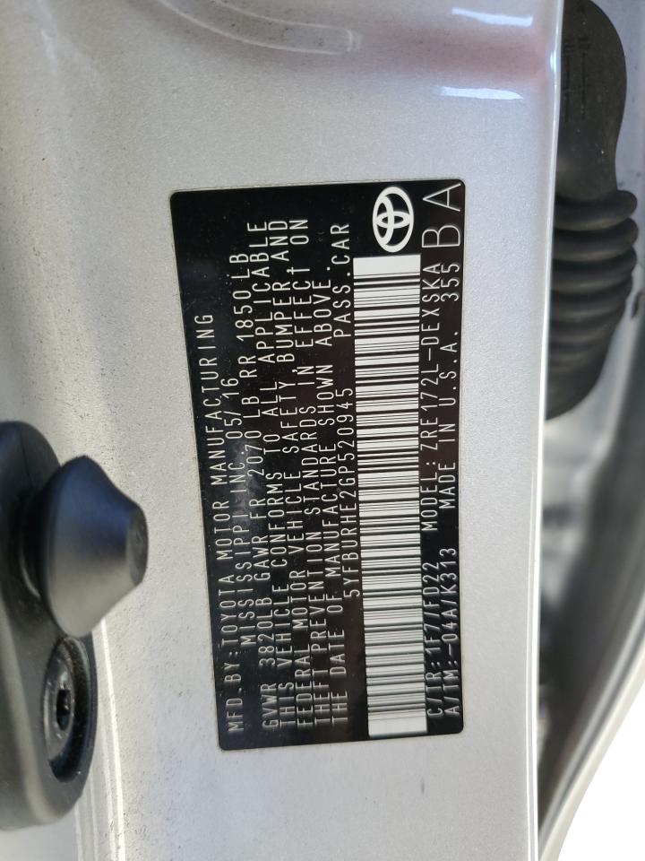 2016 Toyota Corolla L VIN: 5YFBURHE2GP520945 Lot: 82386125