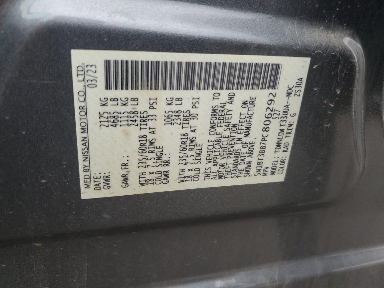 2023 Nissan Rogue Sv VIN: 5N1BT3BB7PC806292 Lot: 86325695