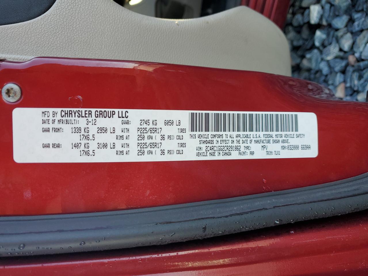 2012 Chrysler Town & Country Limited VIN: 2C4RC1GG2CR291862 Lot: 86806515