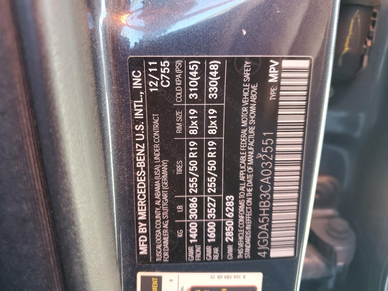 2012 Mercedes-Benz Ml 350 4Matic VIN: 4JGDA5HB3CA032551 Lot: 86094075